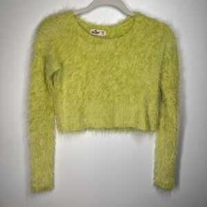 Hollister XS Fuzzy Chartreuse Neon Green Eyelash Knit Cropped Crewneck Sweater